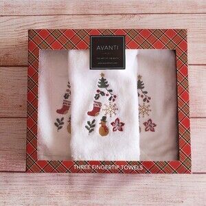 Avanti Christmas Fingertip Towels White Set of 3 Tree Snowman Stocking Holidays